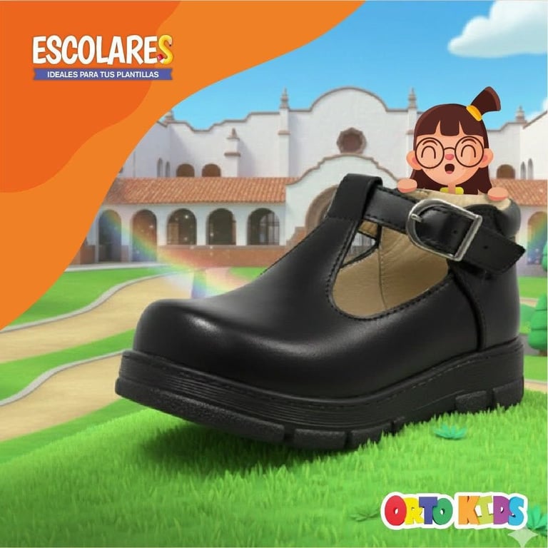Black and tan school shoe with buckle strap on grass. Illustrated school building and cartoon child in background. Escolares brand shoe advertisement.