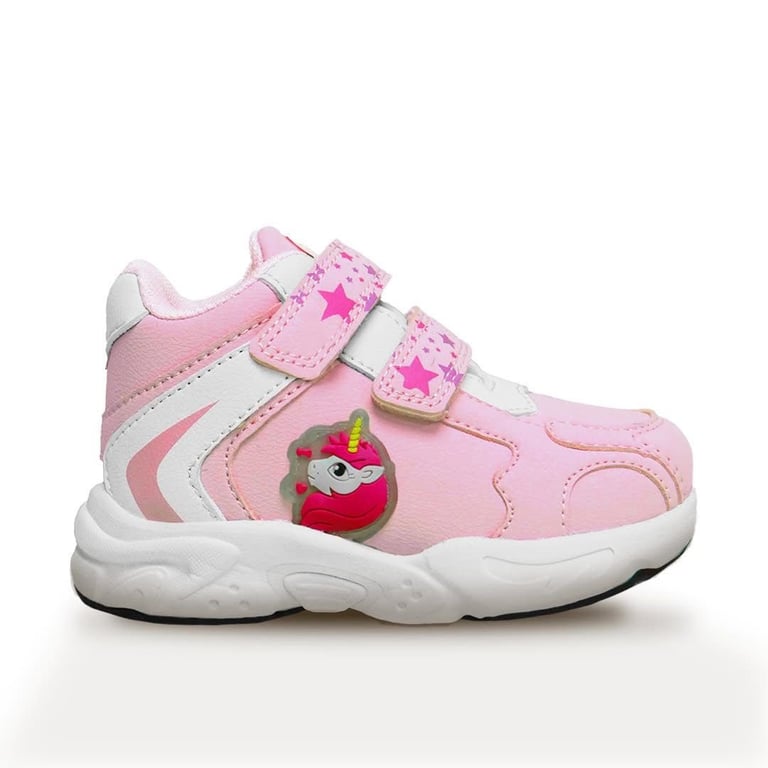 Pink and white childrens sneaker with velcro straps, star designs, and a decorative character charm on the side