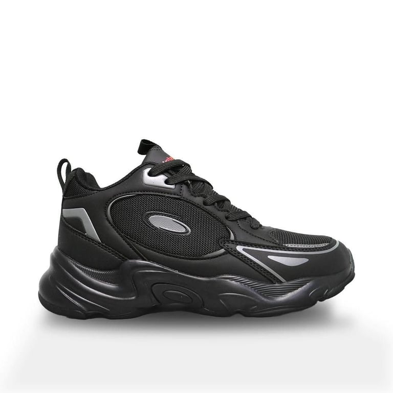 Black athletic sneaker with mesh panels, metallic silver accents, and chunky sole design against white background