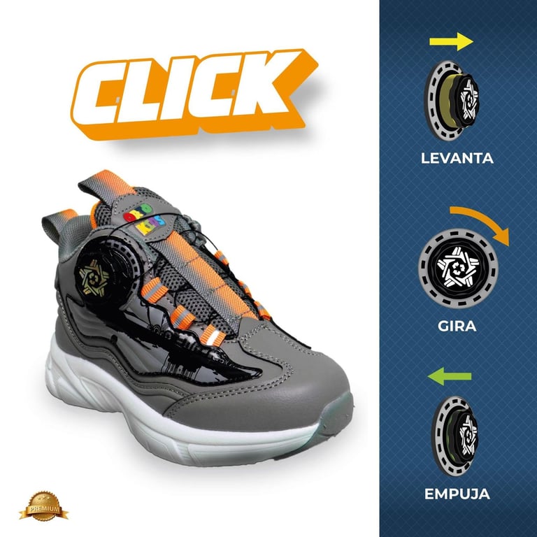 Click brand childrens sneaker with orange and black design, featuring removable wheel cartridges labeled Levanta, Gira, and Empuja