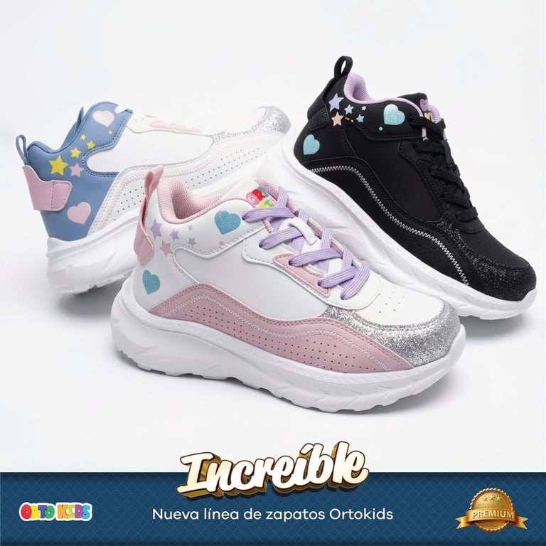 Three colorful childrens sneakers in white, black, and blue-pink designs with polka dots and purple accents, displayed on white background.